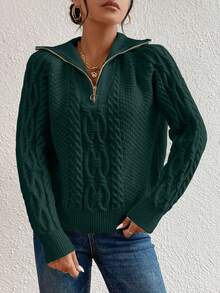 EMERY ROSE Women's Casual Pullover Sweater With Zipper Half Placket And Raglan Long Sleeves, Autumn/Winter - Dark Green - View 4