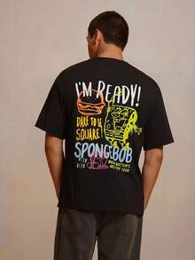 SpongeBob SquarePants | SHEIN Men's Letter & Cartoon Graphic Round Neck Short Sleeve T-Shirt - Black - View 4