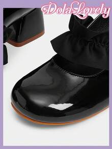 Dola Lovely 女士蝴蝶结玛丽珍高跟鞋，圆头扣带粗跟正装鞋，时尚百搭白色 - 黑色 - 查看 4