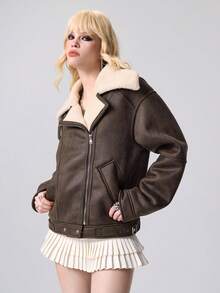 ROMWE Grunge Punk 女式拉链休闲机车夹克，带保暖衬里，秋冬 - 咖啡棕 - 查看 3