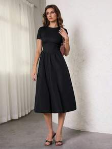 SHEIN Tall Casual Black Solid Color Fishbone Tape Decor Short Sleeve Mid-Length Dress, Tall Version Extended Length