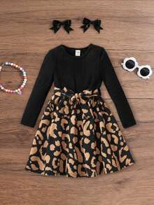 SHEIN Young Girls' Knitted Crew Neck Patchwork Leopard Print Casual Dress, Jacquard Leopard Print Long Sleeve Dress, Suitable For Autumn/Winter - Multicolor - View 12