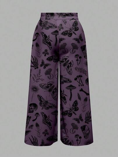 Goth Women's Loose Wide Leg Pants With All-Over Mysterious Witch, Gothic Palace, Dark Skull, Moth, Butterfly, Mushroom And Leaf Print