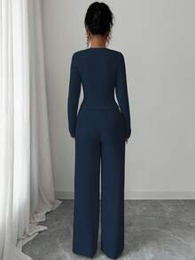 Elenzga 时尚女士纯色纹理两件套，包括长袖缺口领双排扣修身西装外套和高腰宽松直筒裤，优雅通勤风格，适合约会、通勤、秋冬 - 藏蓝色 - 查看 2