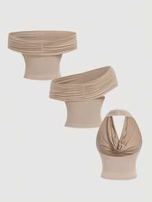 SHEIN MOD 三穿式女士休闲纯色修身上衣，适合夏季穿着，高领设计，露肩款式，美观大方，适合节日、乡村、海滩度假、下午茶聚会等场合，风格端庄，适合舞会等场合，可爱无肩带长款抹胸上衣，女士抹胸套装，适合冬季、圣诞节、新年、感恩节等场合，性感百搭。 - 彩色 - 查看 3