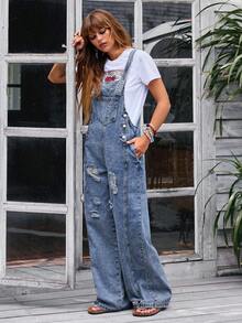 EMERY ROSE Women's Casual Washed Distressed Denim Bib Overalls - Blue - View 4