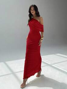 Aloruh 女士纯色斜肩修身优雅性感连衣裙 - 紅色 - 查看 3