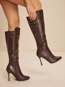 女士时尚舒适细高跟过膝靴 - 棕色 - 查看 4