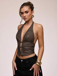 SHEIN BAE 女式纯色简约露背吊带背心 - 巧克力棕 - 查看 4