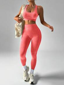 Core Rhythm Women's Solid Color Sleeveless Crop Top And Leggings Sports Set Workout Women Sets - Red - View 3