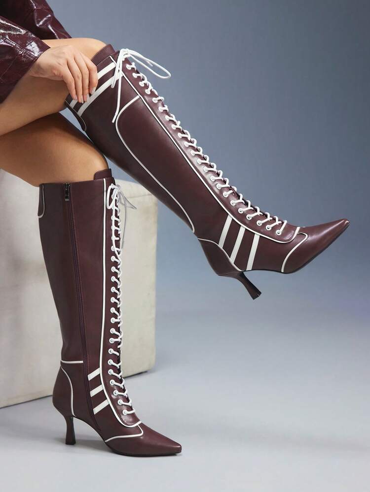 CUCCOO GRLICON Women's Pointed Toe Lace-Up Black & White Contrast Design Knee-High Boots, Suitable For Christmas, New Year's Eve Party, Date Night, Halloween, Racing Style