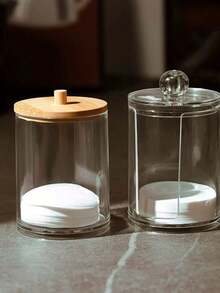 1pc Bamboo Lid Acrylic Portable Round Pad & Powder Puff Holder Box For Storage - Clear - View 5