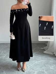 Modelyn Vestido elegante de manga larga con hombros descubiertos, cintura con cuentas y silueta evasé para tallas grandes - Negro - Ver 6