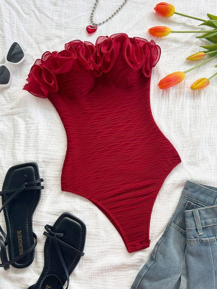 Soleia 夸张荷叶边露肩女式紧身衣，适合派对、节日、约会、下午茶、度假、音乐节、海滩、夏季服装、波西米亚风、度假、钩针编织、亚麻 - 酒紅色 - 查看 1