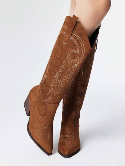 Fairycore Women's Brown Pointed Toe Chunky Heel Embroidered Ankle Boots, Suede Outdoor Fashion Slip-On Western Cowboy Boots, Autumn/Winter