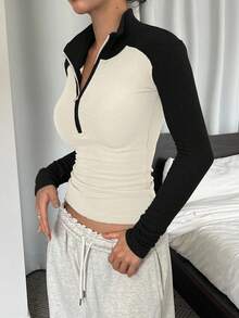 DAZY Women's Mock Neck Half-Zip Contrast Color Fitted Base Layer Long Sleeve Casual Pullover Sweatshirt - Black - View 4