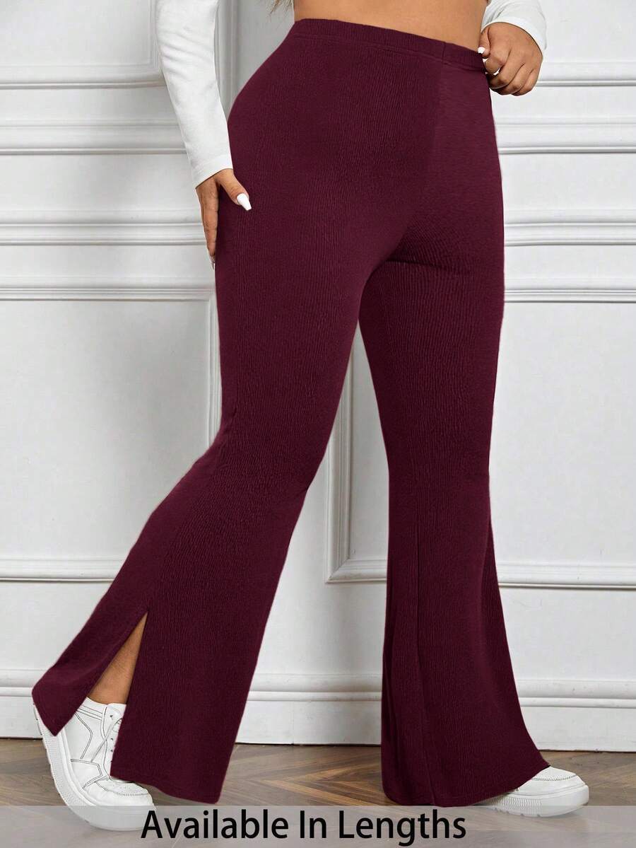 SHEIN PETITE CURVE Plus Petite 女式开叉喇叭裤 - 棕色 - 查看 1