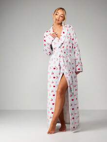 Missguided x Playboy Christmas Cherry Print Belted Long Robe - Multicolor - View 1