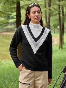 In My Nature Damen V-Ausschnitt Langarm Kontrast Farbblock Pullover Sweater, Herbst/Winter - Schwarz und Weiss - Übersicht 4