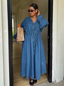 SHEIN CURVE+ Plus Size Women's All Seasons Long-Sleeved Tie-Waist Denim Dress,Christmas Dress,Elegant Dresses For Women,New Year Clothes,Christmas Clothes,Resort Vintage Dress - Medium Wash - View 4