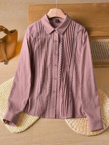 Rusticease 女式撞色蕾丝长袖褶皱单排扣休闲衬衫 - 粉色 - 查看 3