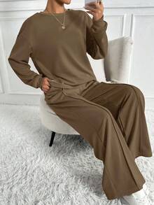 SHEIN Tall 女士两件套极简主义街头运动服，圆领上衣和阔腿运动裤套装，2025 秋季新品，两件套超大宽松纯色圆领运动衫和运动裤套装，男女通用休闲高街运动服，2025 春秋季 - 卡其色 - 查看 4