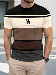 Manfinity Homme Men's Letter & Stripe Print Round Neck Short Sleeve Casual T-Shirt