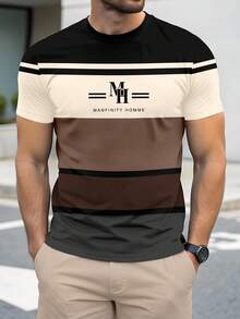 Manfinity Homme Men's Letter & Stripe Print Round Neck Short Sleeve Casual T-Shirt