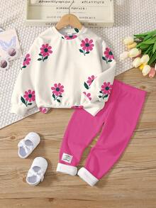SHEIN Leap Crew Bộ 2 quần áo nỉ dài tay cổ tròn in họa tiết hoa cổ điển thường ngày cho bé gái tuổi teen, phù hợp cho mùa thu/đông - Nhiều màu - Xem 3