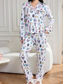 HELLO KITTY AND FRIENDS | SHEIN Cartoon Pattern Front Button Long Sleeve Top And Long Pants Lounge Set, Winter Clothes - Multicolor - View 4