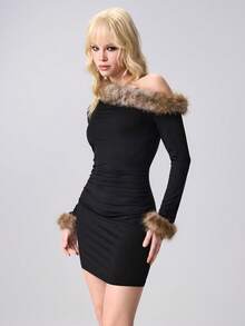 ROMWE Grunge Punk Đầm ôm sát cổ lông chéo vai thời trang nữ - màu đen - Xem 3