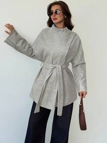 Aloruh Women's Solid Color Minimalist Casual Tie-Up Overcoat - Grey - View 8