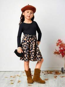 SHEIN Young Girls' Knitted Crew Neck Patchwork Leopard Print Casual Dress, Jacquard Leopard Print Long Sleeve Dress, Suitable For Autumn/Winter - Multicolor - View 8