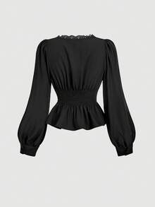SHEIN MOD 女式撞色蕾丝 V 领单排扣优雅灯笼袖衬衫 - 黑色 - 查看 2