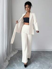 SHEIN Elenzya Bộ vest 2 món thanh lịch & tinh tế cho nữ đi làm văn phòng mùa thu/đông: Áo khoác blazer tay dài có họa tiết kim loại + Quần ống rộng, màu nâu - Màu be - Xem 7