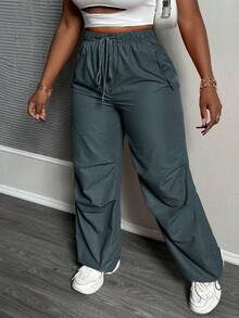 Slaydiva 女士直筒宽松工装裤，高腰抽绳宽松口袋休闲慢跑裤，嬉皮朋克街头风女士宽松裤，女士休闲裤，抽绳裤，女士工作裤，女士长裤，工作裤，夏季裤 - Iron Gray - 查看 7