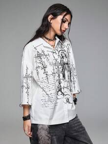 ROMWE Grunge Punk Y2K Punk Cyber Symbol Eyelet Decor Loose Women Shirt - White - View 5