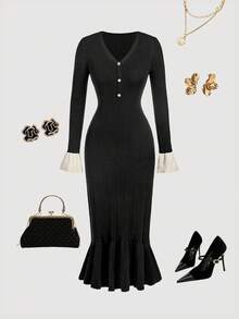 SHEIN MOD Women's Black & White Contrast Color Ruffle Sleeve Knit Dress In Fall/Winter - Black - View 2