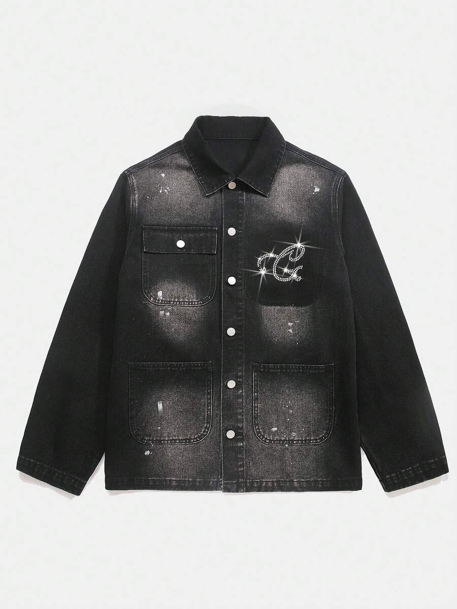 Manfinity Homme Casual Street Utility Washed Black Slim Fit Loose Rhinestone Splatter Distressed Denim Barn Jacket, Spring/Autumn - Grey - View 1