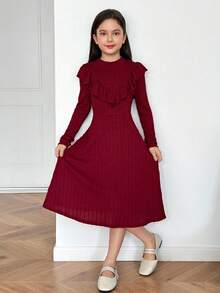 Gaun Midi Anak Perempuan Remaja Elegan dengan Kerah Tegak, Tekstur Rajutan Aran Stitch, Hem Bergelombang, Model Fit & Flare, Warna Merah Anggur, Cocok untuk Natal, Halloween, Tahun Baru - Burgundy - View 5