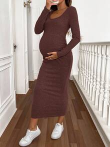 SHEIN 孕妇纯色简约休闲长袖针织连衣裙 - 棕色 - 查看 8