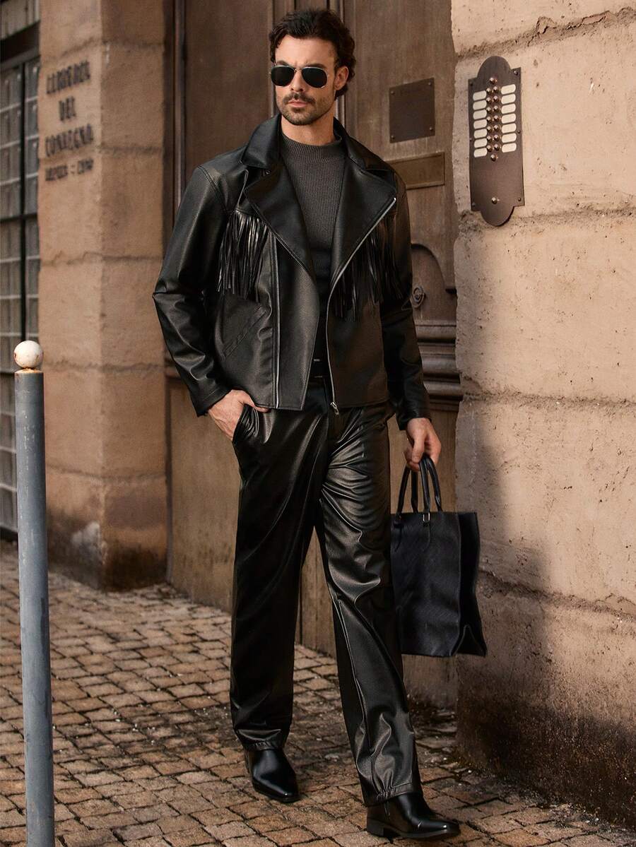 HIMLAND Men's Fringed PU Leather Long Sleeve Shacket - Black - View 1