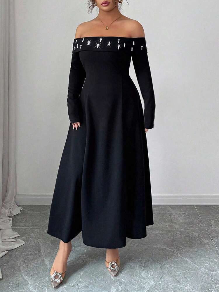 Modelyn 大码黑色露肩长袖串珠腰部 A 字优雅连衣裙 - 黑色 - 查看 4