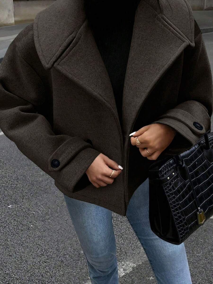 EMERY ROSE Women's Large Lapel Decorated Button Long Sleeve Woolen Coat - Coffee Brown - View 1