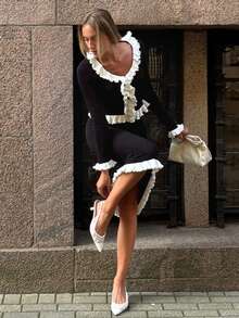 Pariaura 2pcs/Set French Romantic Lace Trim Regular Fit Women Sweater - Black - View 3