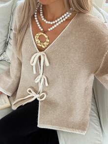 Livesso Women's Autumn Tie-Front Loose V-Neck Cardigan - Beige - View 3