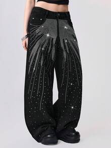 EDITION Quần jean ống rộng cạp thấp đính kim cương Punk thời trang đường phố dành cho cả nam và nữ - màu đen - Xem 5