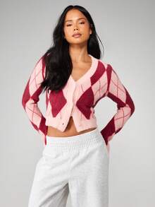 MISSGUIDED Cárdigan con cuello en V con botones y patrón de argyle tejido esponjoso para otoño e invierno - Multicolor - Ver 4