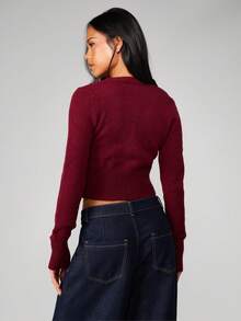 MISSGUIDED Long Sleeve Button Front Cropped Cardigan With Jewelled Crystal Details For Fall Winter Layering Christmas - Red - View 2
