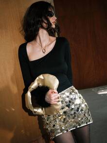 Airlisse 秋冬性感亮片闪亮派对生日装时尚不对称毛茸茸上衣和性感亮片迷你裙两件套女士 - 黑色 - 查看 5